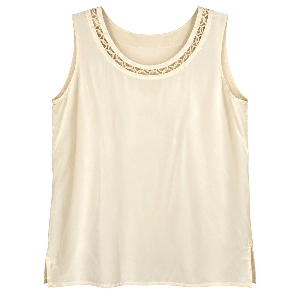 100% Silk Ivory Cutout Neck Blouse Womens M Sleeveless Quiet Luxury Top
